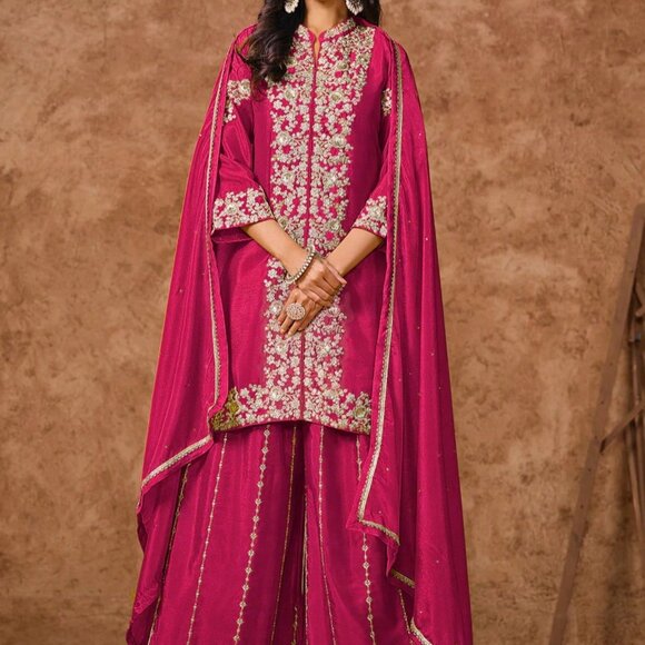 Pink Chinnon Silk Festive Embroidered Palazzo Style Suit - Picture 4 of 4
